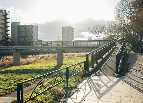 橋を渡ると、川面がさらに近く感じられます。ゆったりと流れる水と穏やかな風に、日常の慌ただしさをふっと忘れられる場所です。